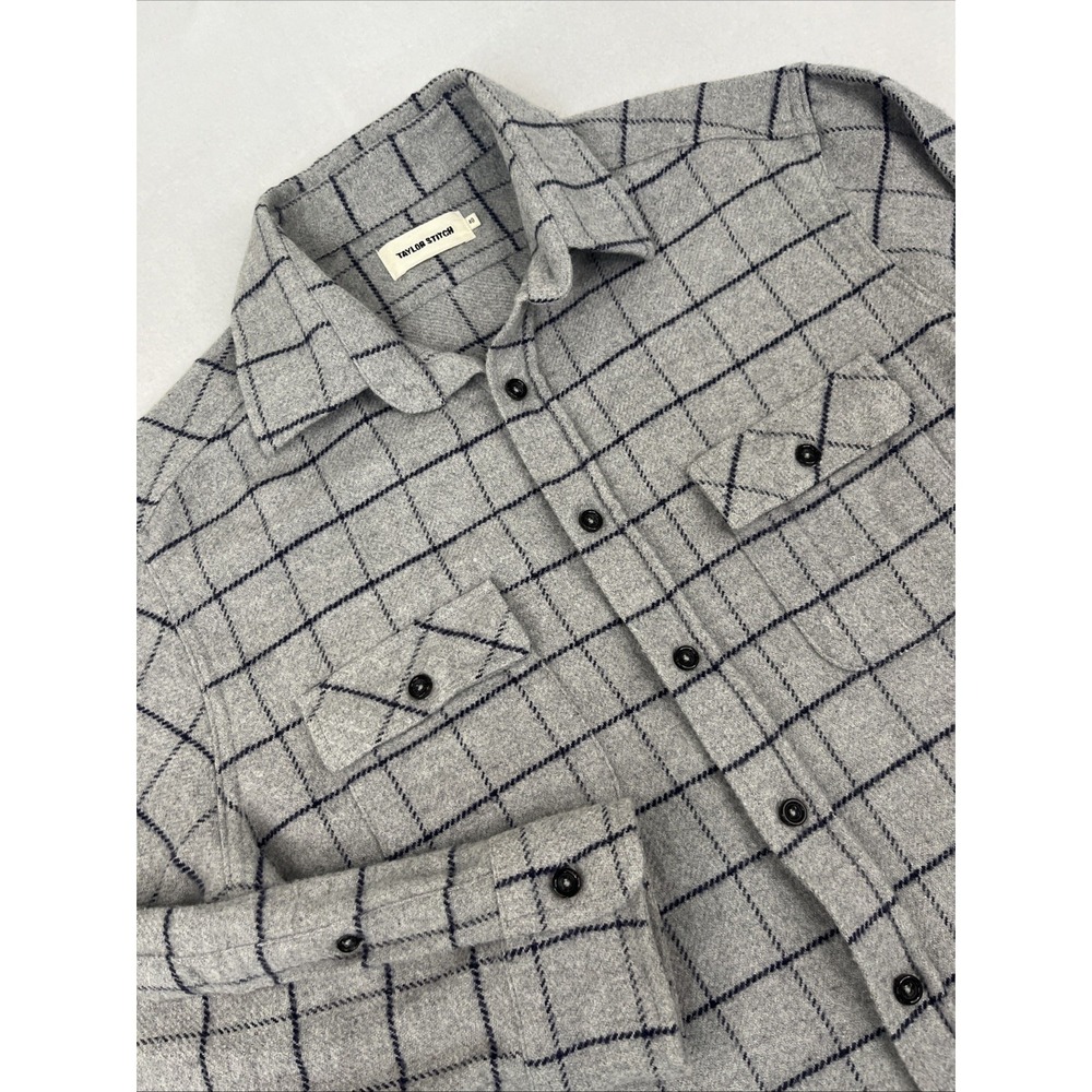 Taylor Stitch Flannel Shirt Men 40 Medium Gray Windowpane Brushed Cotton Preppy
